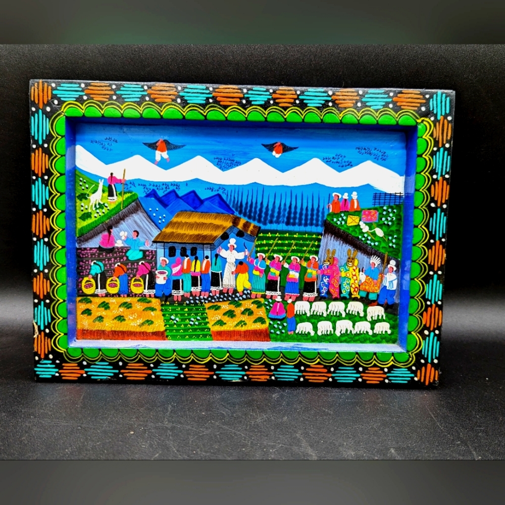 Vintage Hand Painted Tigua Painting on Sheepskin, Unique Ecuador Folk Art